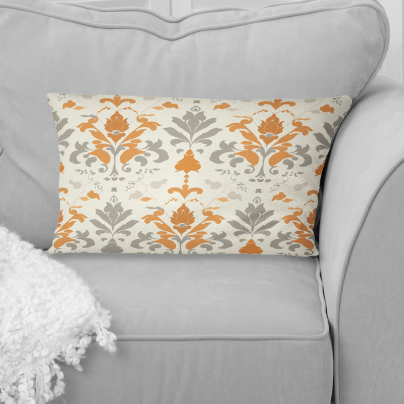 Imprimé damassé orange - Coussin Country, H 12 po x l 20 po, Forme rectangulaire