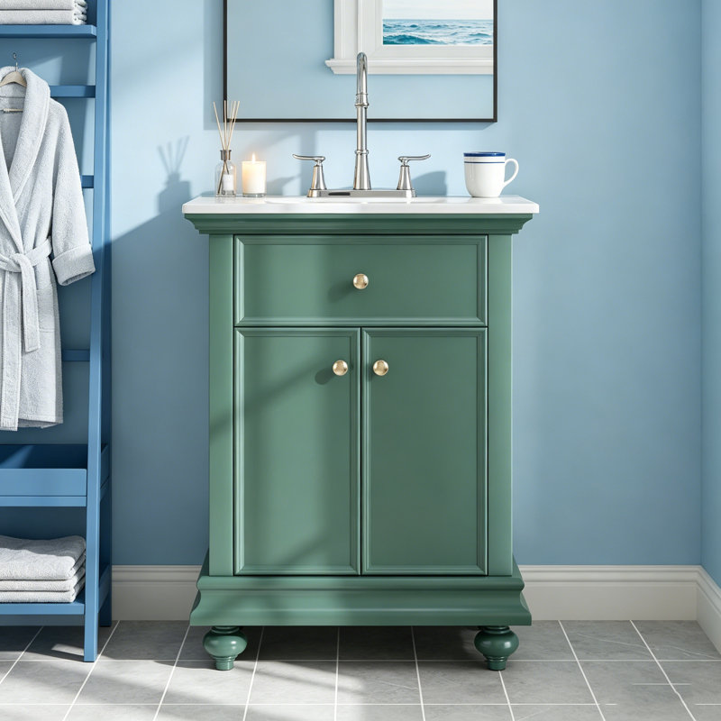 Armoire de meuble-lavabo contemporaine 24 po avec lavabo en céramique intégré, unité de rangement autoportante avec 2 tiroirs et tablette réglable personnalisable