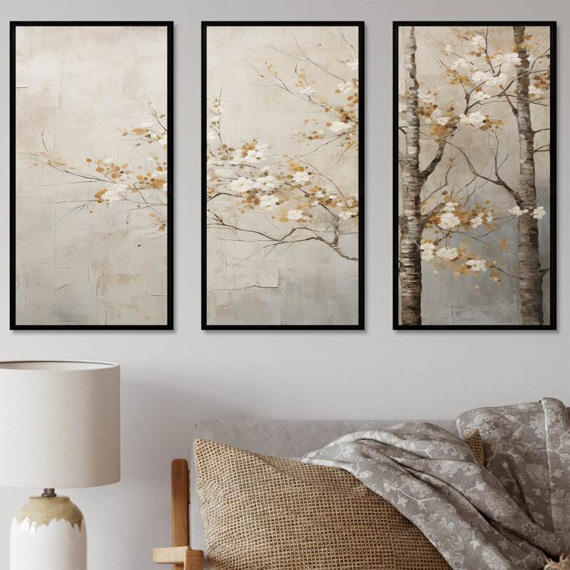 Arbres beiges Harmony III - ensemble d'art sur toile, Cadre flottant noir, H 28 po x l 36 po x P 1 po