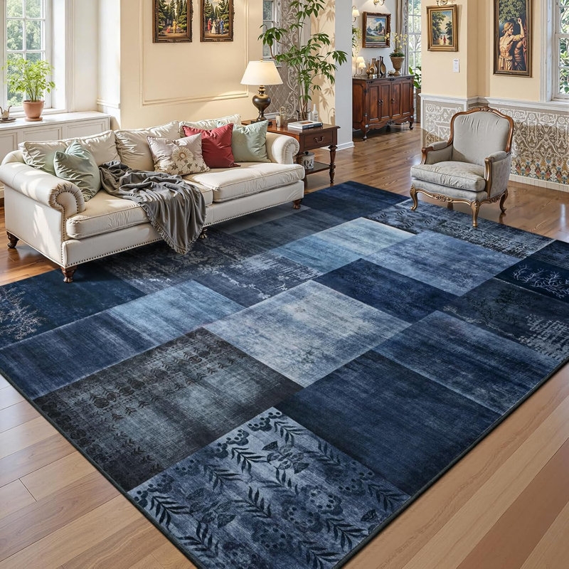 Tapis à motif géométrique rétro Vintage, Blue, Rectangle 8' x 10'