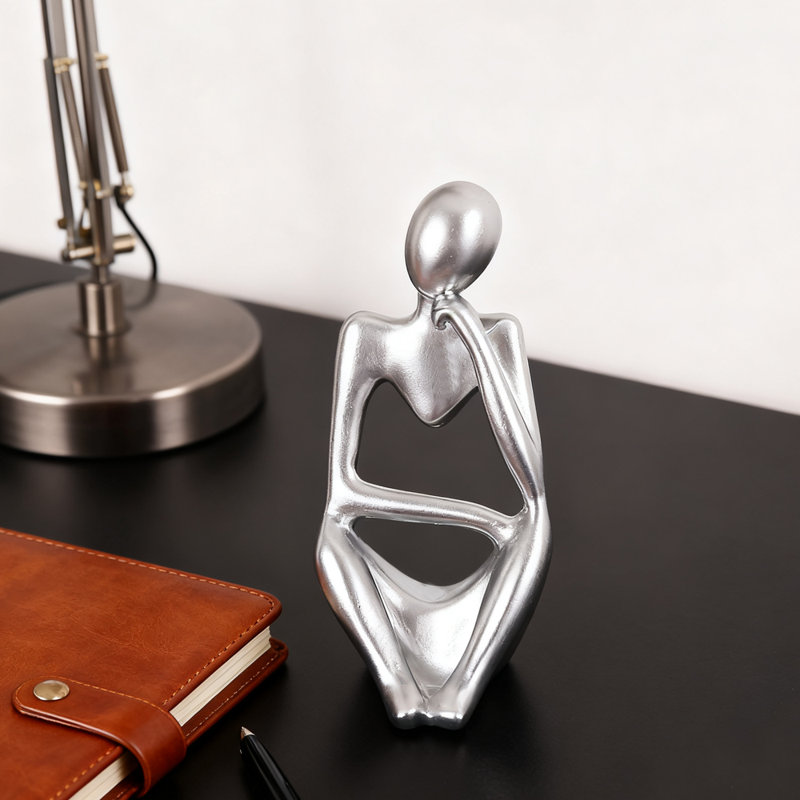 Silver Mini Resin Creative Thinker Sculpture, Abstract Art Decoration for Home Office Bookshelf Table Bookshelf Decoration, Left Side