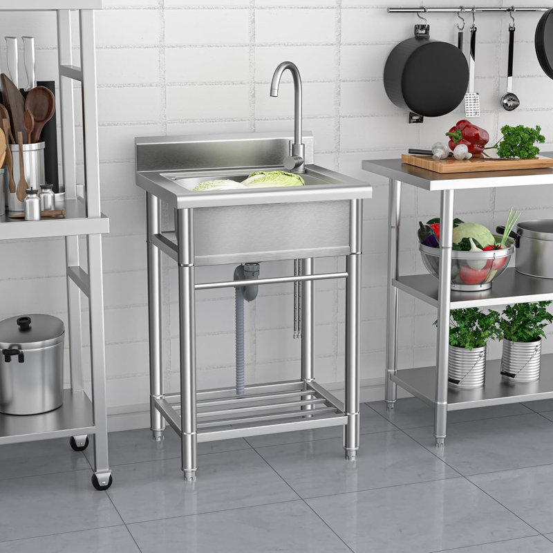 Utility Sink Free Standing Single Bowl Kitchen Sink with Cold and Hot Water Pipe Stainless Steel Sink for Laundry Room Bathroom