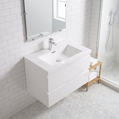 Meuble-lavabo mural en mélamine de bois de 76 cm (30 po), blanc lustré, résistant à l'usure, aux égratignures et à la porosité, surface facile à nettoyer, préassemblé.
