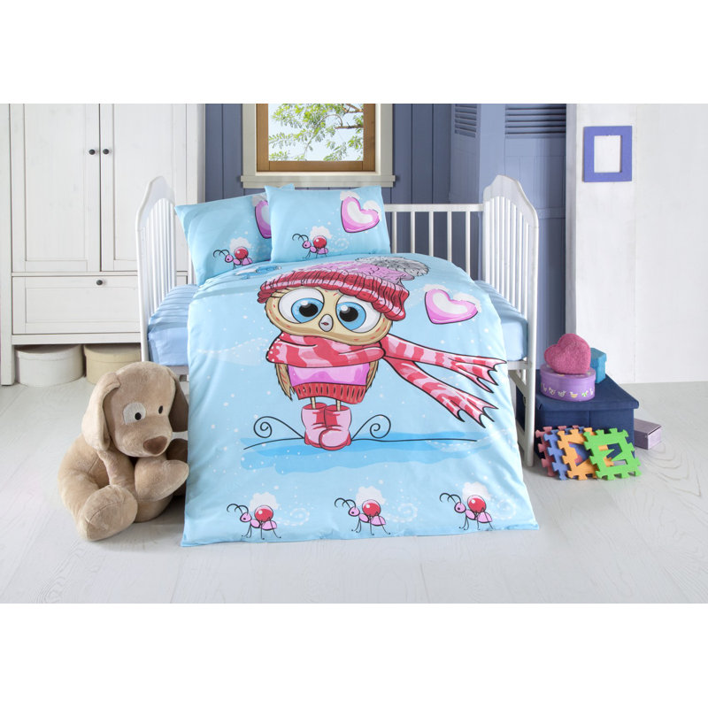 Ensemble de housse de courtepointe en coton doux pour bébé Ranforce, bleu, rose, blanc, rouge et beige | Housse de couette 39,4 po x 59,1 po, drap plat 39,4 po x 59,1 po, 2 taies d'oreiller 13,8 po x 17,7 po | 117 fils, lavable à la machine, fermeture 