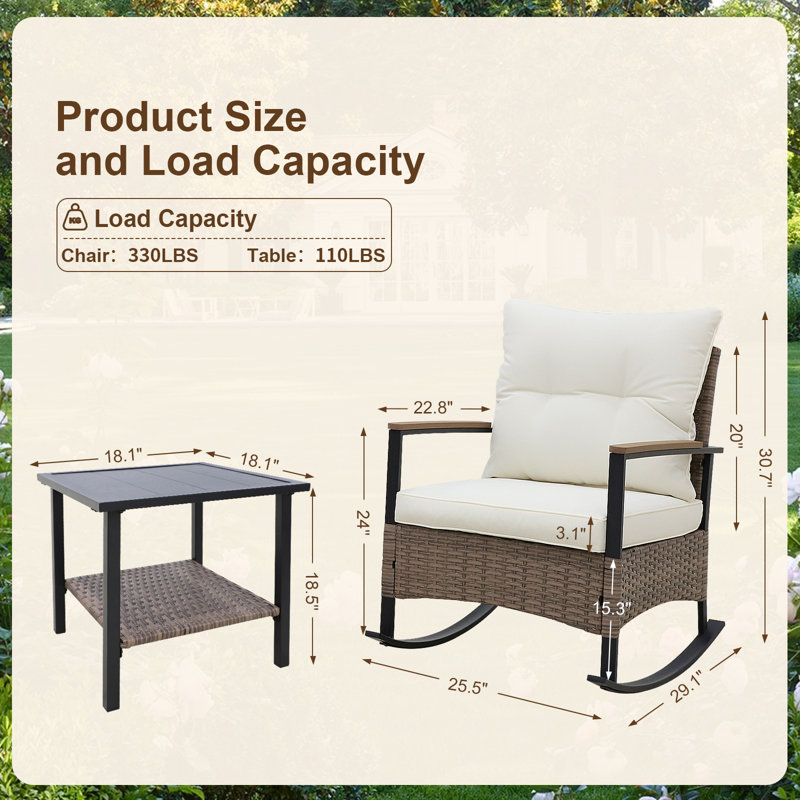 2 - Person Outdoor Seating Group Outdoor Rocking Seating Group with Cushions, 3-Piece Outdoor Rocking Chairs Set With Table