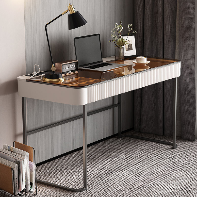 Bureau à domicile de haute qualité, prise de courant, plateau en verre, très facile à assembler, Blanc ivoire / gris