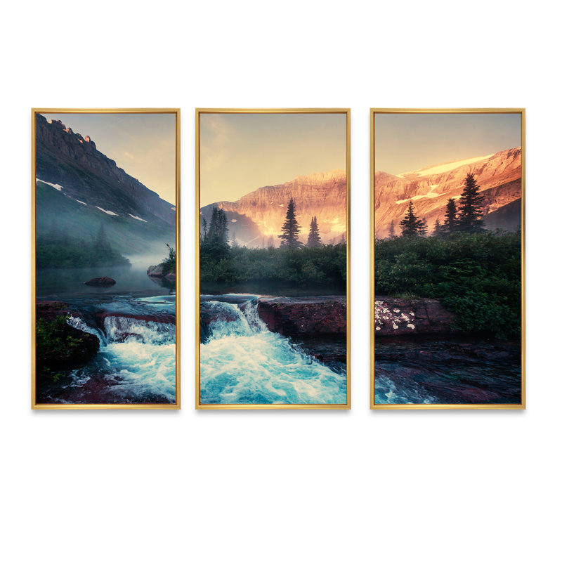 «Glacier National Park Montana», ensemble de 3 toiles encadrées, H 32 po x l 48 po, Doré