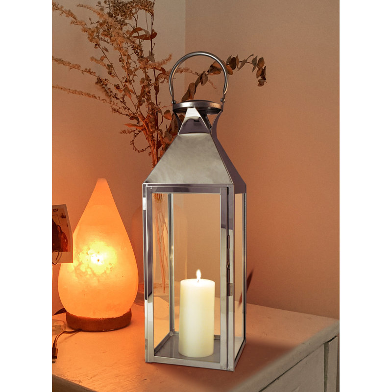 Lanterne de table en acier inoxydable, Argent, H 20,75 po x l 7,50 po x P 7,50 po