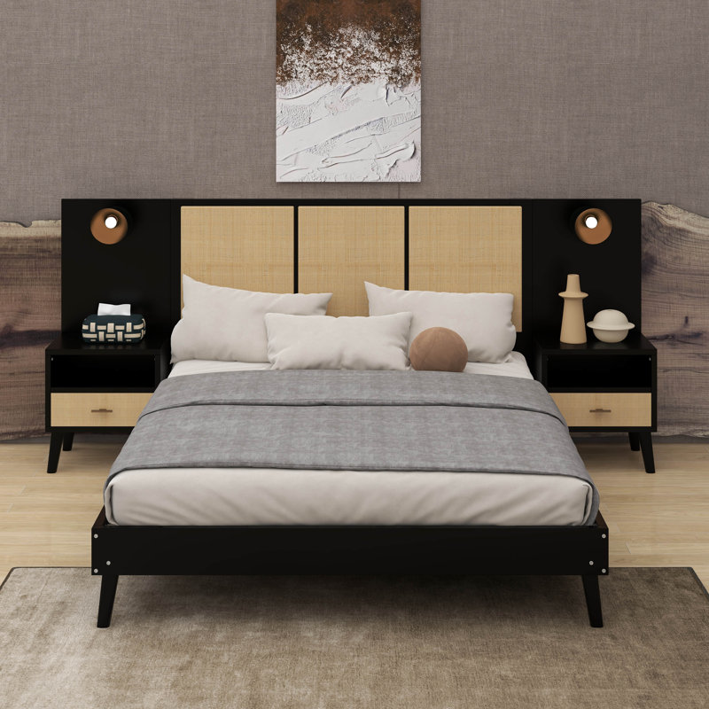 Queen Solid Wood Bed Frame With 2 Nightstands