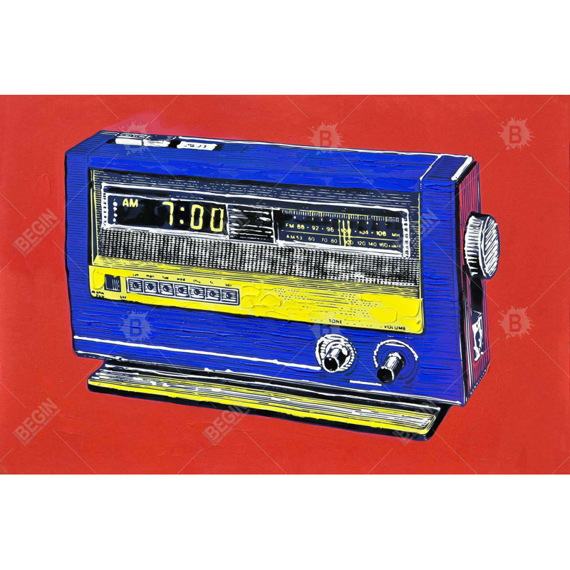 "Alarme radio rétro" sur toile, Rouge / Bleu / Jaune