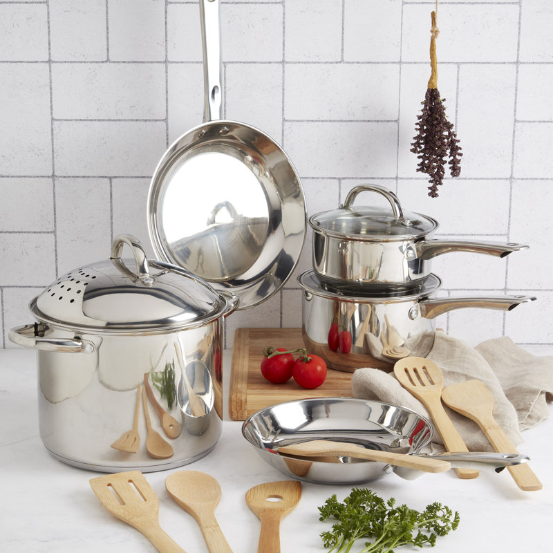 Basic Essentials 14-Piece Induction-Ready Stainless Steel Cookware Set with Pasta Pot, Strainer, and Bamboo Tools