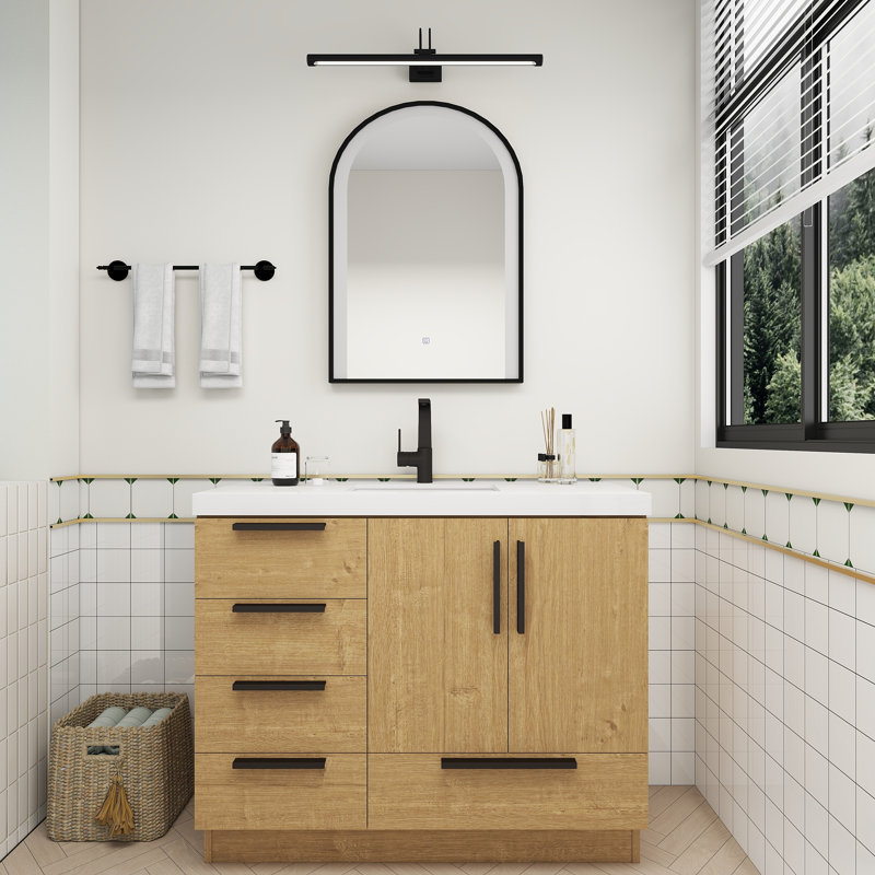 Carla Freestanding Bathroom Vanity with Left Side Drawers, 42", Natural Oak
