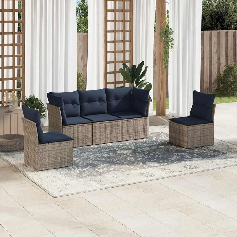 Ensemble de canapé de patio 5 pièces avec coussins pour l'extérieur, Navy, Grey