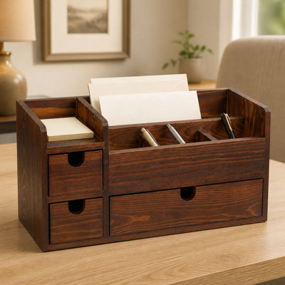 Organisateur de bureau rustique en bois avec tiroirs et fentes