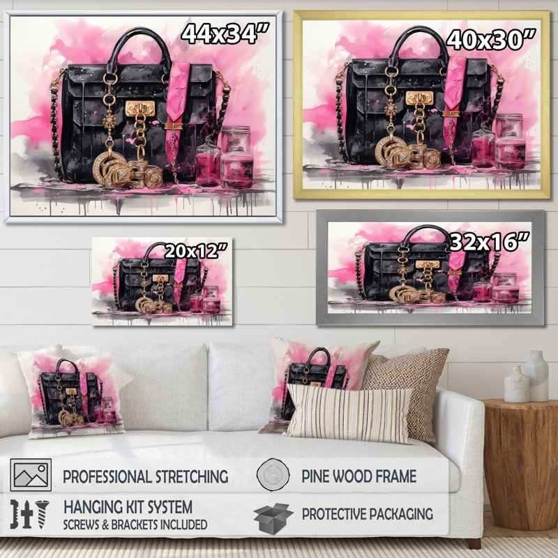 «Deisgner Pink Bag Envy II», reproduction d'art sur toile encadrée, H 16 po x l 32 po x P 1 po, Cadre flottant noir