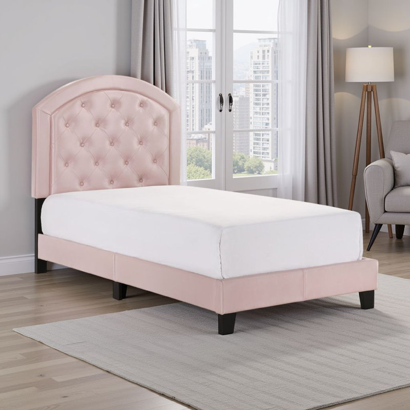 Lit plateforme tapissier en bois avec tête de lit capitonnée réglable Kemeny, Simple, Rose