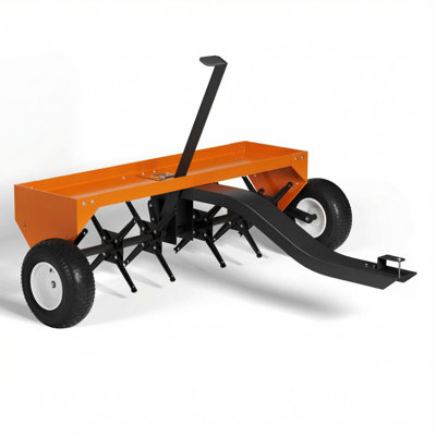 48-Inch Tow Behind Lawn Plug Aerator with Universal Hitch, Lawn Aerator Tow Behind with Steel Tines,Tray and Inflatable Wheels for Gardens, Lawns and Farms
