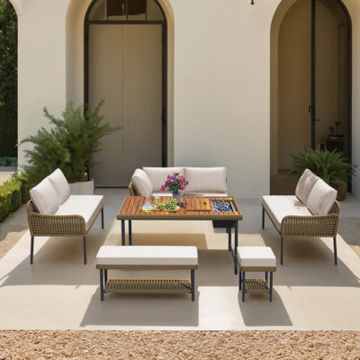 6 Piece Rattan Patio Furniture Set Wicker Sectional Seating Group Set with Dining Table -  Ebern Designs, 9BF86F883F5041ABA97EB485D2E3A66B