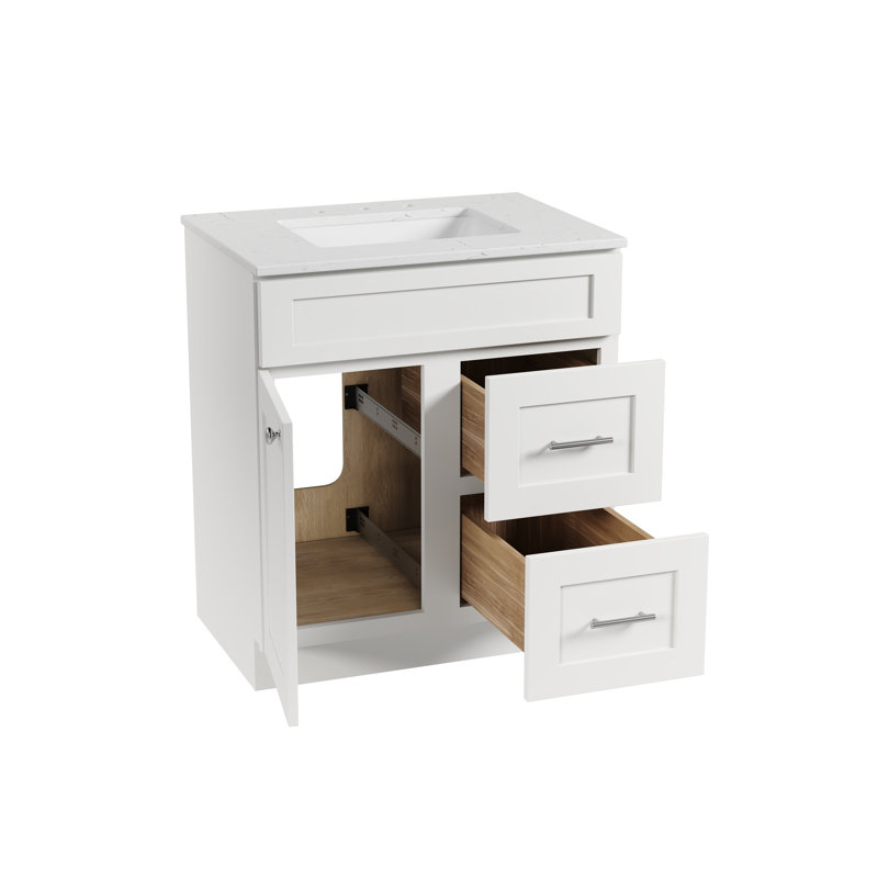 Chrisna D S R 30'' Single Bathroom Vanity Shaker Style Quartz Top Right Drawer, White