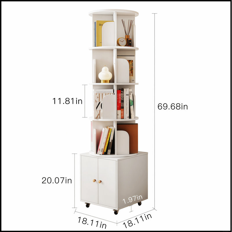 Bibliothèque rotative, bibliothèque d'angle à 5 niveaux 360 degrés avec tiroir pour petit espace, rangement en bois sur pied