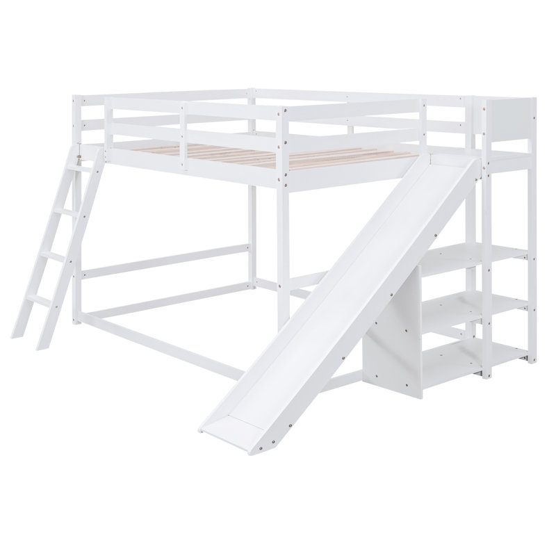 Lit superposé double avec échelle, glissade et tablettes, Blanc