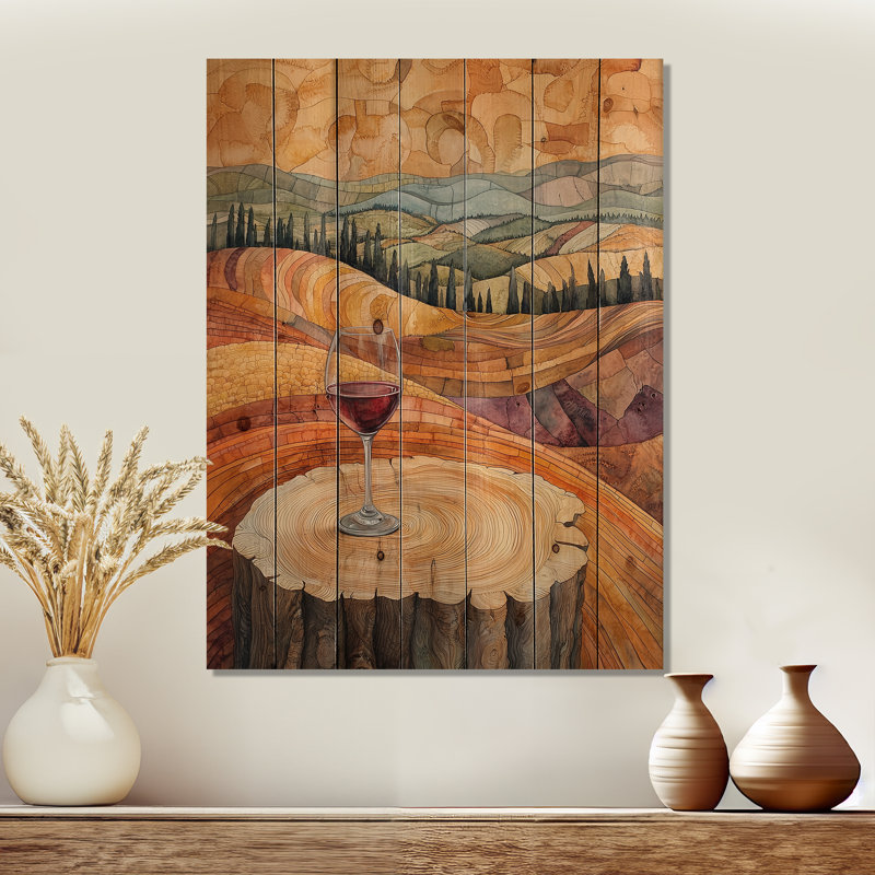 Vineyard With Glass Of Wine In Provence II - Vineyard Wood Wall Decor - On Natural Pine Wood, 32" H x 24" W x 0.78" D