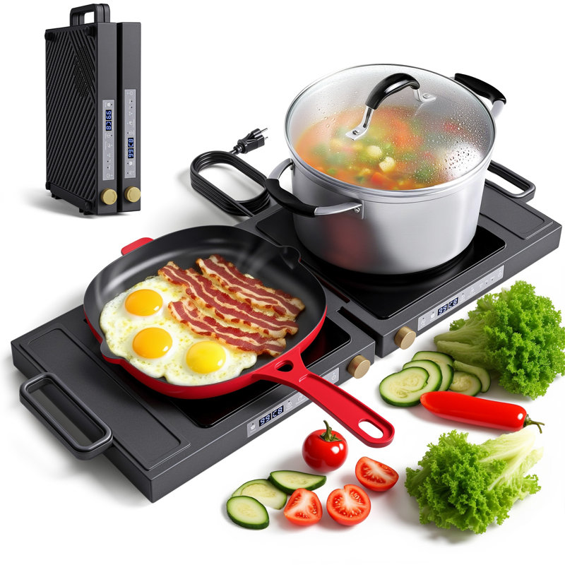 Folding Double Induction Cooktop1800w Portable Electric Stove Top With Knob Control,over-temperature Protection , Timer And 8 Power Setting For Rv Kitchen & Outdoor Camping Cooking