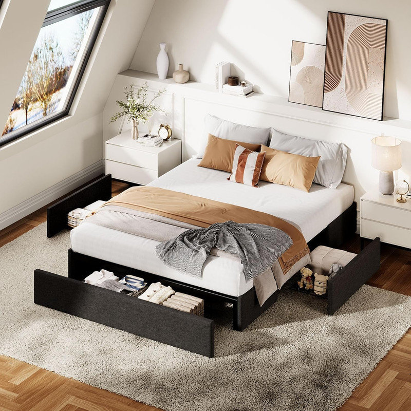 Structure de lit gris foncé avec 3 tiroirs de rangement, lit plateforme tapissier, aucun sommier tapissier requis, Grand lit