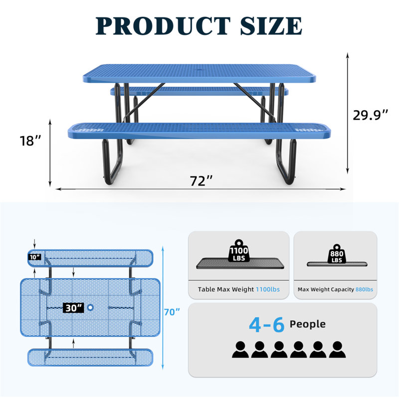 Table de pique-nique rectangulaire en métal déployé 72 po, bleu avec trou pour parasol