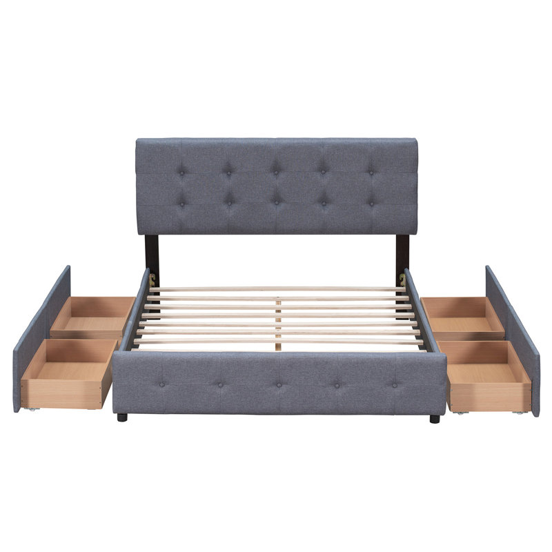 Lit plateforme tapissier gris foncé, grand lit avec 4 tiroirs et classique, sans sommier, revêtement en lin, tête de lit à structure en bois massif, gris. Taille. Ressort nécessaire. Support de panneau de particules.