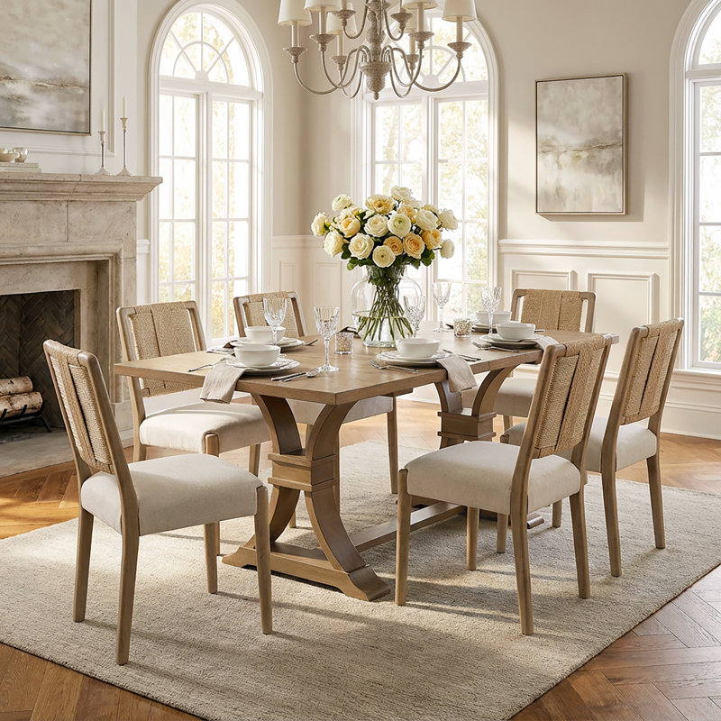 Levi 7-Piece Dining Table Set With Upholstered Chairs & Woven Rope Backrest, Light Ash