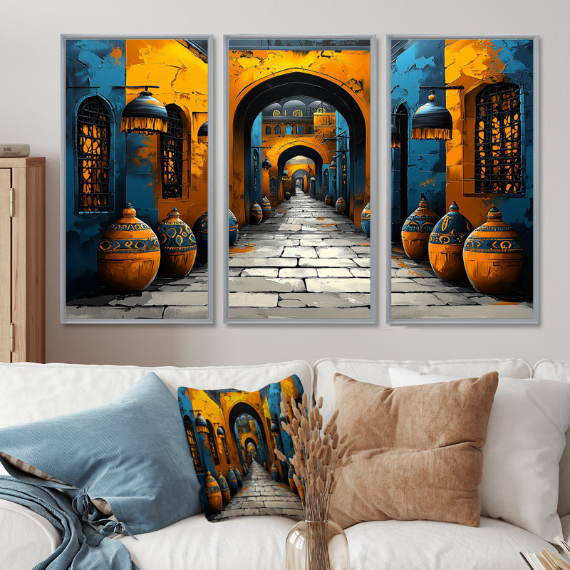 Ensemble d'art mural bleu et jaune «Grand Bazar II» d'Istambul, Toile avec cadre flottant or, H 32 po x l 48 po x P 1 po