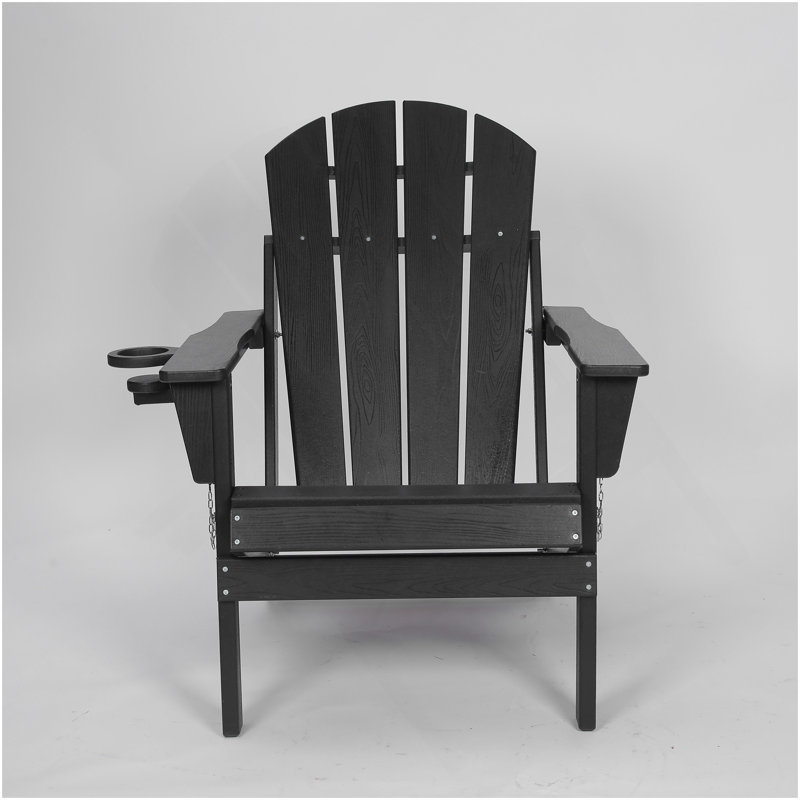 HDPE Folding Adirondack Chair With Dual Cup Holder Composite Adirondack Chair With Wood Texture, Black