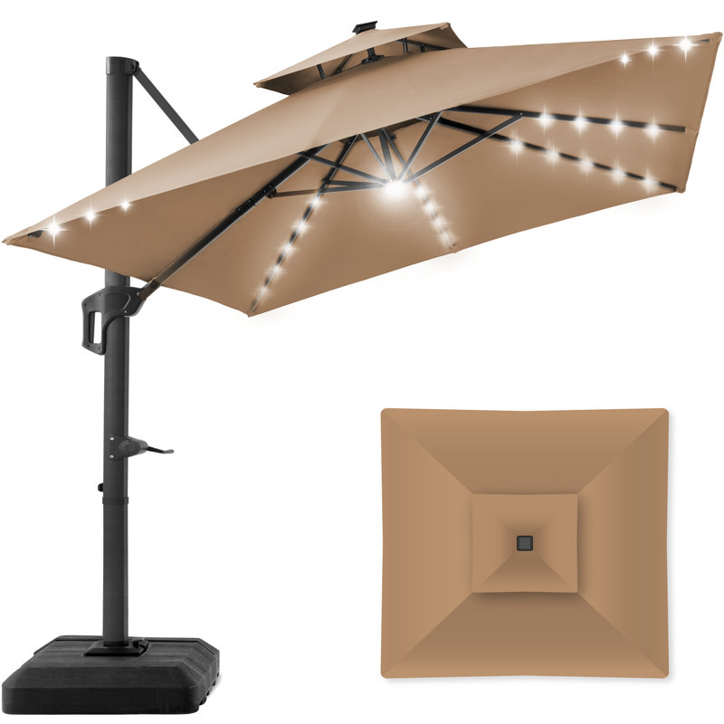 Tan 10x10ft 2-Tier Square Outdoor Solar LED Cantilever Umbrella