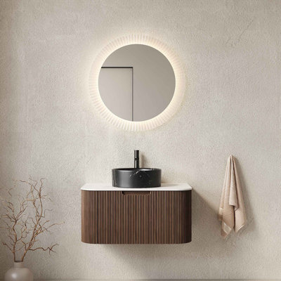 Meuble-lavabo de salle de bain, meuble de rangement rayé à bords arrondis avec tiroir, cuve en céramique ronde et plateau en pierre frittée Carrara, pré-assemblé