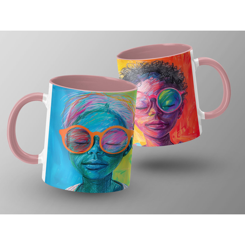 Kids Drawing Style 11oz Accent Mugs – Ceramic Coffee Cup with a Pink Handle and Interior