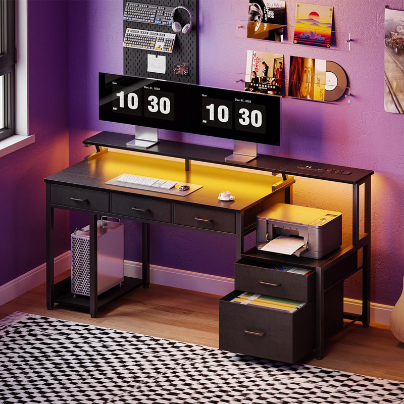 Bureau d'ordinateur de 55 pouces avec 3 tiroirs et classeur, bureau avec support pour écran et lumière DEL, Noir
