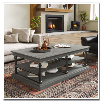 55.1" Wood Coffee Table With Black Legs, 2 Open Storage Shelves