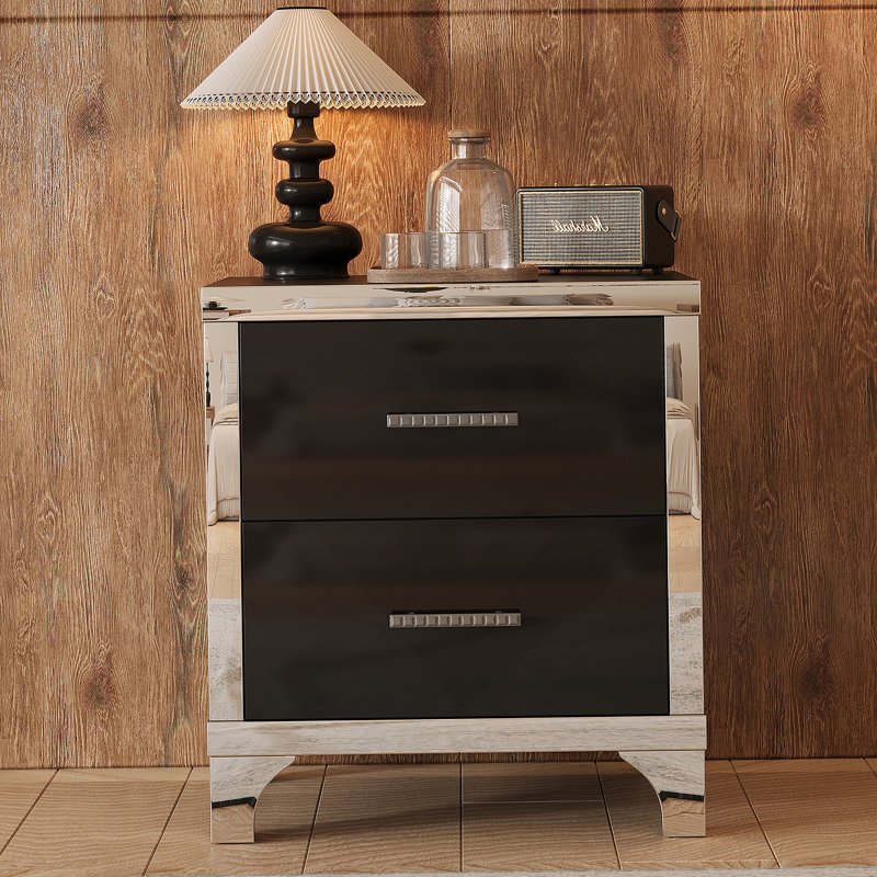 Elegant High Gloss Nightstand With Metal Handle, Black