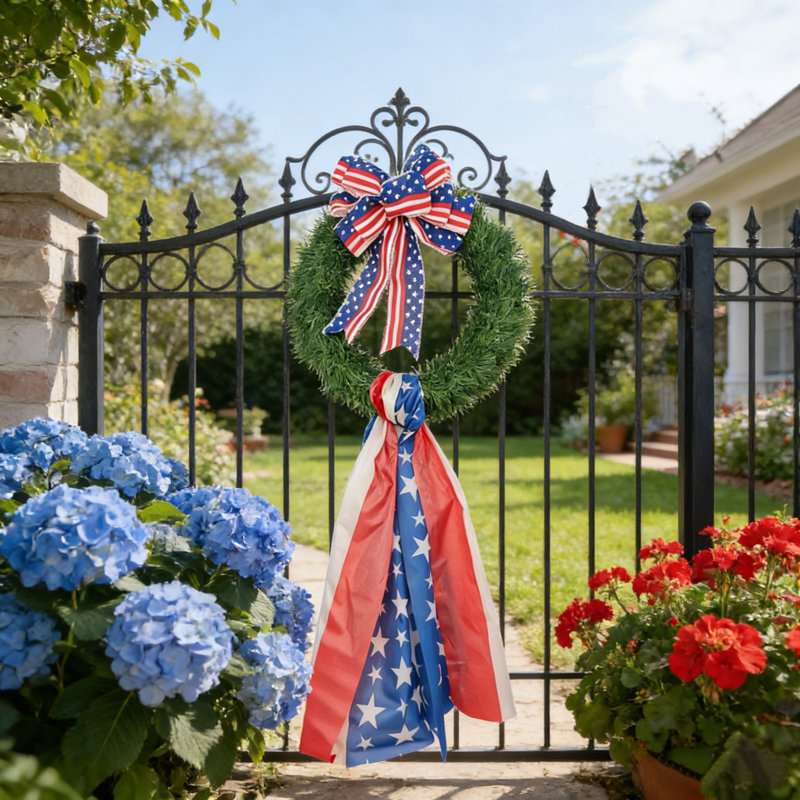 Couronne de la fête de l’Independance avec nœud rouge blanc bleu étoile patriotique couronne Julys 4e porte d'entrée décor drapeau américain ruban vacances d'été Home Decor