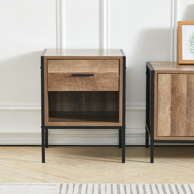 Industrial Nightstand with Drawer & Open Compartment
