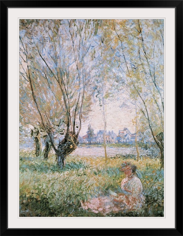 «Femme assise sous les saules» par Claude Monet - reproduction, H 44 po x l 34 po x P 1 po, Cadre noir