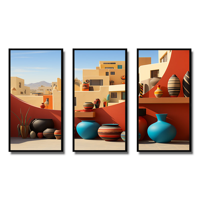 Art mural rouge, formation de poterie rouge cubiste, Cadre flottant noir, H 28 po x l 36 po