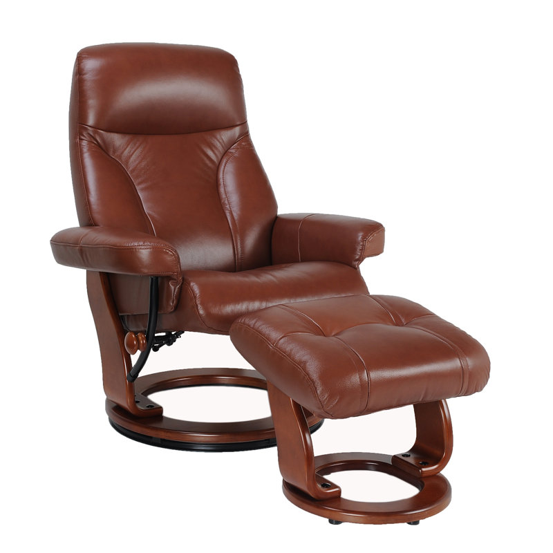 Mélaniee 32" Wide Swivel Recliner with Ottoman, Cognac Brown Leather Match
