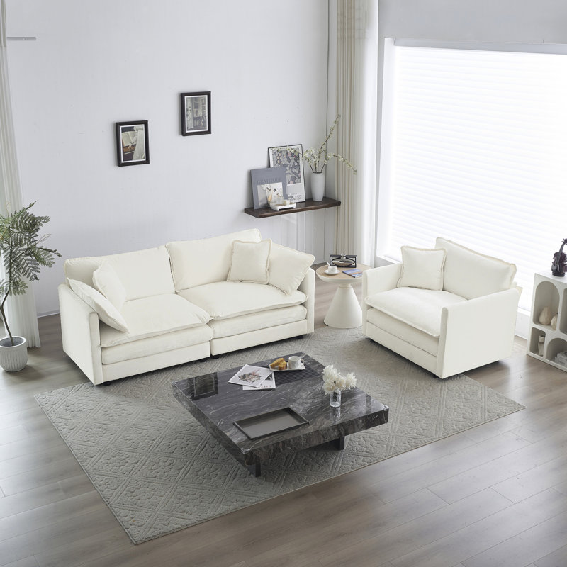 Chenille et chaise blanches, fabrication en bois, tissu respirant, coussins en éponge douce, fauteuil 2 places Living Elegance, revêtement uni,