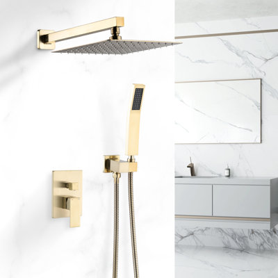 Combinaison de douche en or brossé de 10 pouces avec débit d'eau réglable, inverseur et fonction facile à nettoyer pour un système mural élégant avec contrôle du froid chaud, soupape de dérivation, jet supérieur