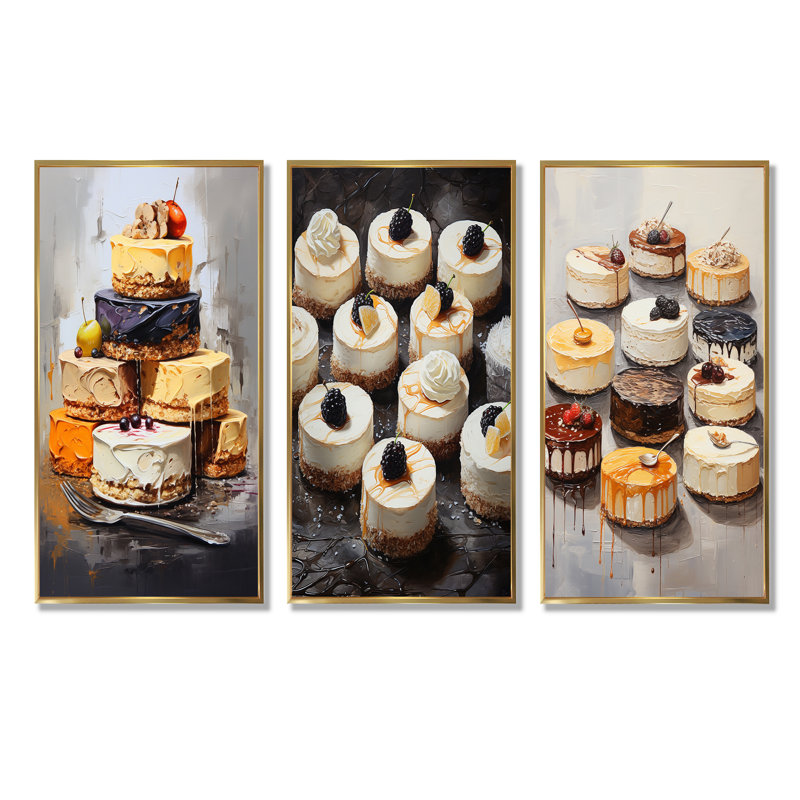 Delices Cheesecakes - Dessert, ensemble de 4 toiles d'art sur toile, Cadre flottant doré, H 40 po x l 60 po