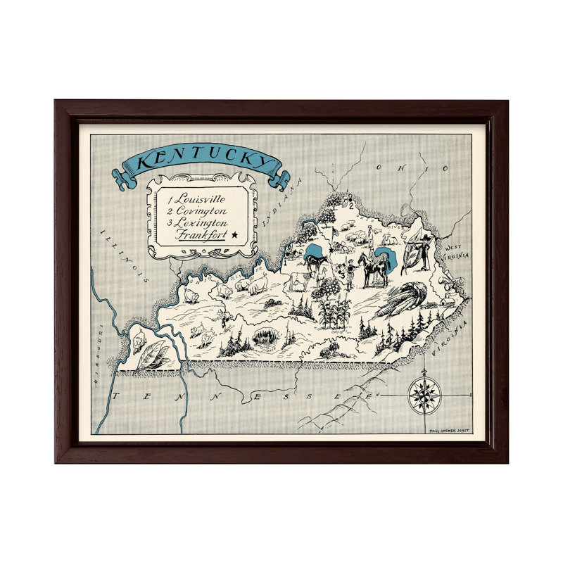 Carte illustrée du Kentucky, Canevas, H 18 po x l 24 po, Encadrement brun