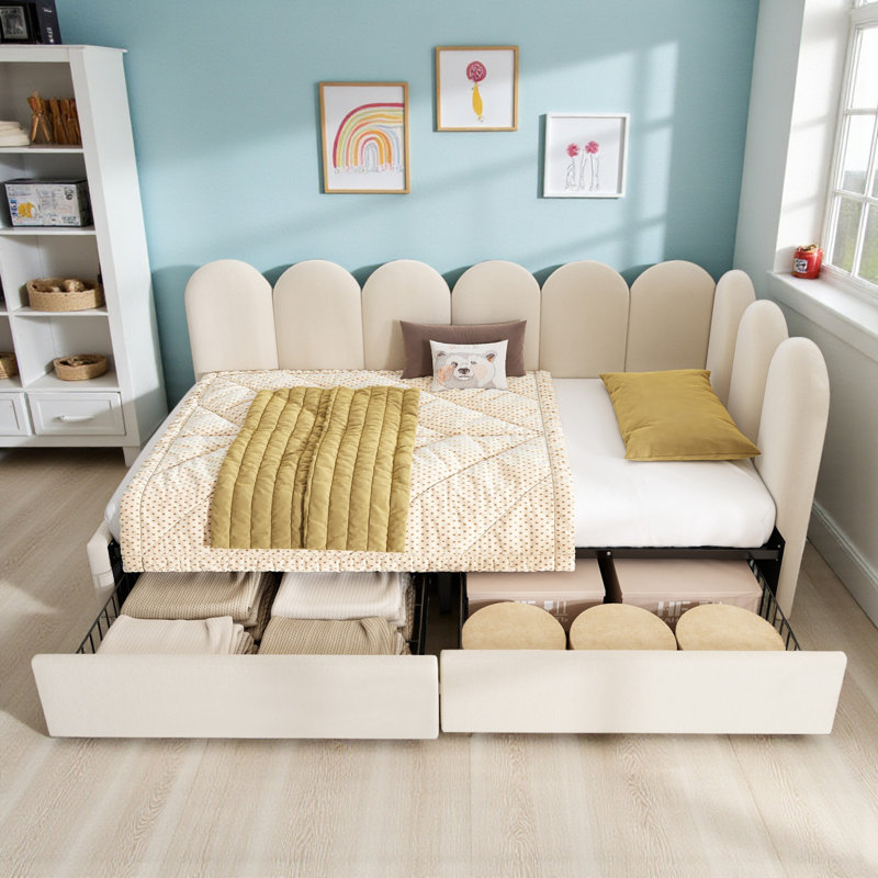 Velvet Upholstered 3FT Single Sofa Bed 90X190cm With Drawers Storage With Slatted Frame, Beige