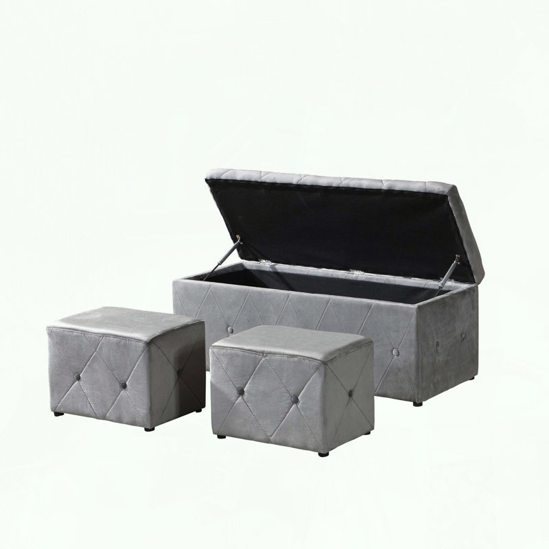 3-Piece Velvet Storage Ottoman Set,1 Rectangular Bench & 2 Small Stools